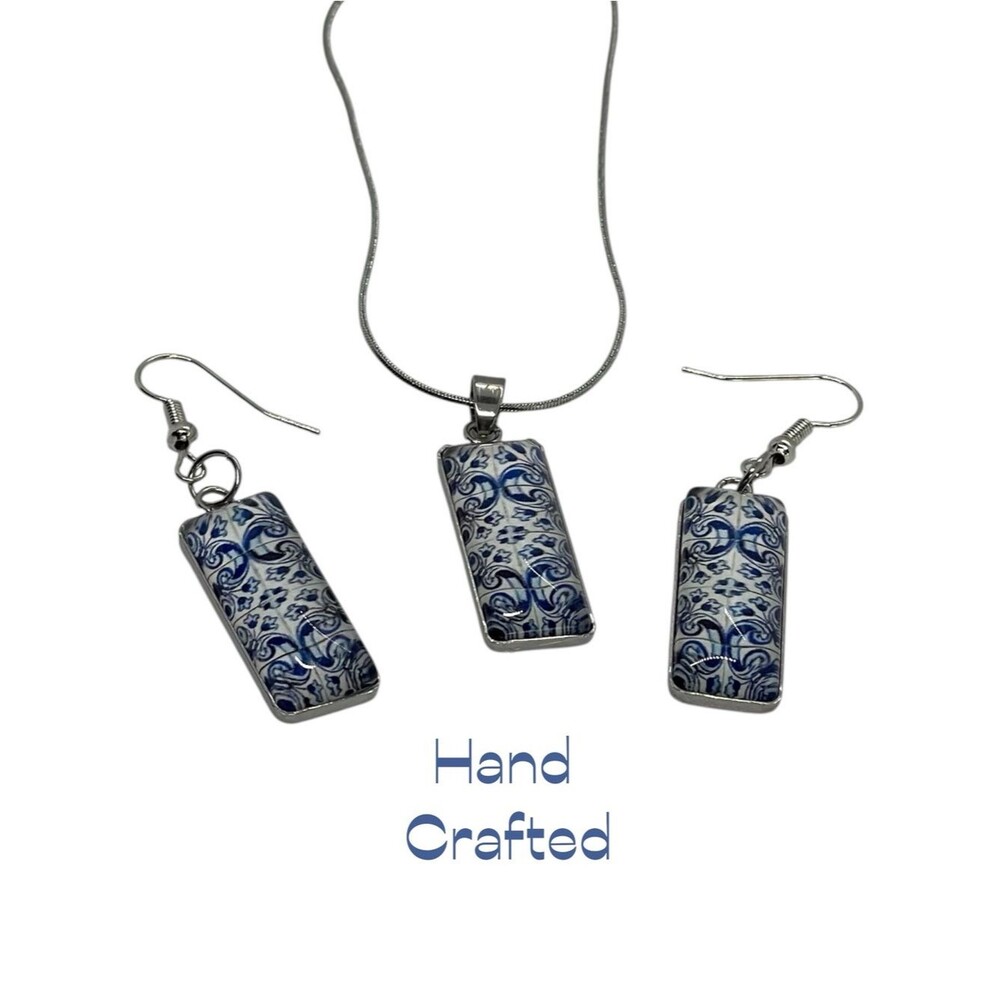 Hand Crafted Blue White Glass Rectangle Pendant Necklace Earrings Set NWT